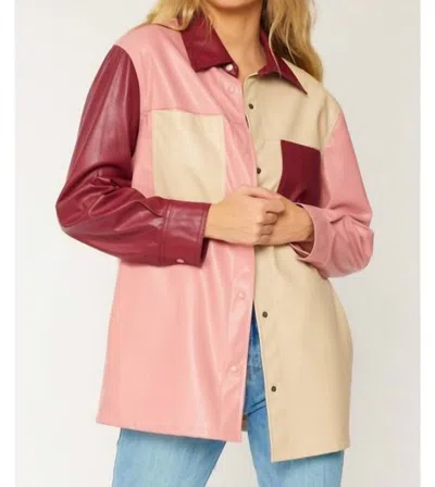 Shop Fsl Apparel Faux Leather Shacket In Pink Multi