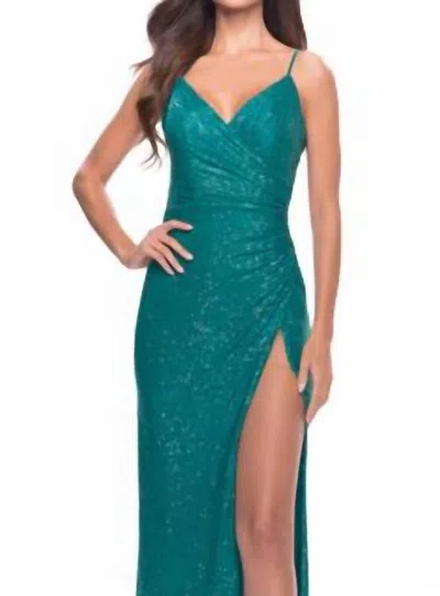 Shop La Femme Sequin Long Prom Gown In Peacock In Blue