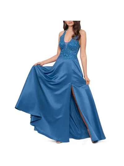Shop Blondie Nites Juniors Womens Embroidered Embellished Evening Dress In Blue