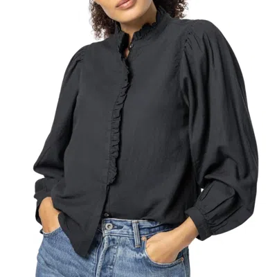 Shop Lilla P Full Sleeve Ruffle Front Top In Black