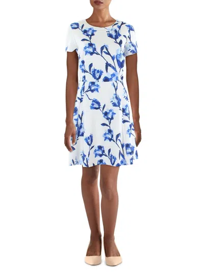Shop Eliza J Womens Floral Crewneck Fit & Flare Dress In Blue