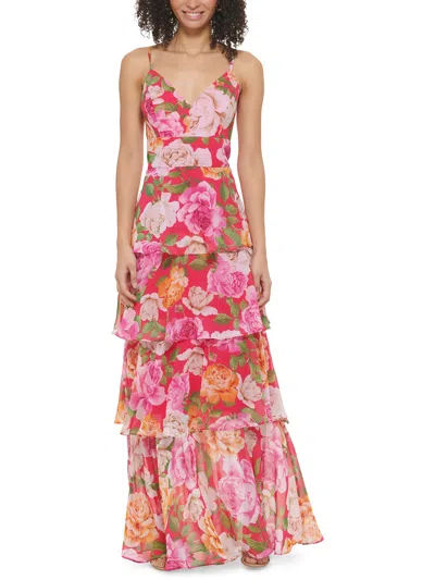 Eliza J Spaghetti Strap Floral Print Gown In Pink