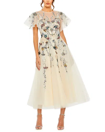Shop Mac Duggal Flutter Sleeve High Neck Embellished Floral Dress In Brown