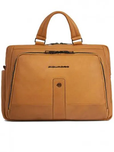 Shop Piquadro Leather Briefcase Compartment 15.6" Bags In Yellow & Orange