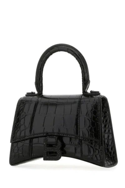 Balenciaga Hourglass Xs Croc-effect Leather Tote In Black