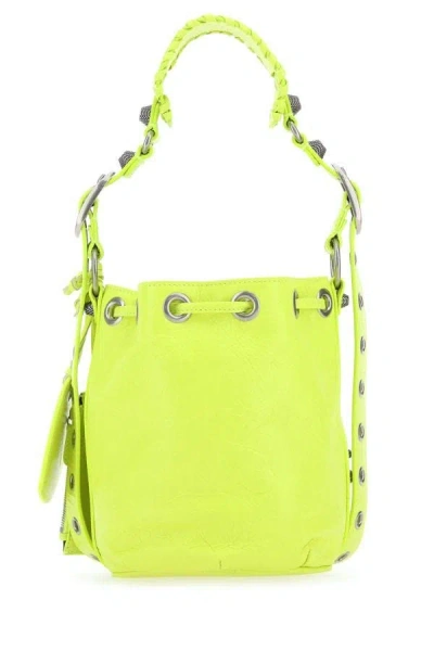 Shop Balenciaga Woman Fluo Yellow Leather Le Cagole Xs Bucket Bag