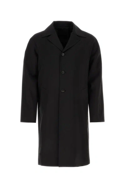 Shop Prada Man Black Wool Blend Overcoat