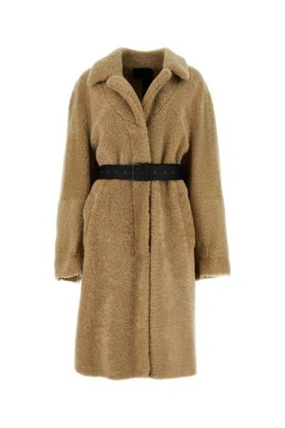 Shop Prada Woman Beige Shearling Coat In Brown