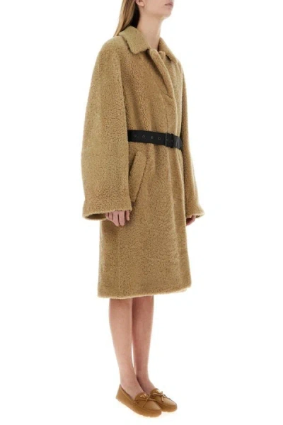 Shop Prada Woman Beige Shearling Coat In Brown