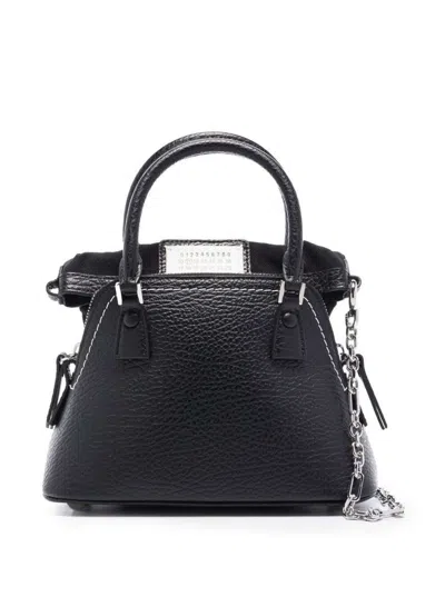 Shop Maison Margiela '5ac Micro' Black Shoulder Bag With Logo Label In Grainy Leather Woman
