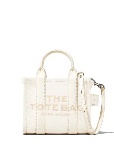 Shop Marc Jacobs 'the Micro Tote Bag' White Shoulder Bag With Logo In Grainy Leather Woman