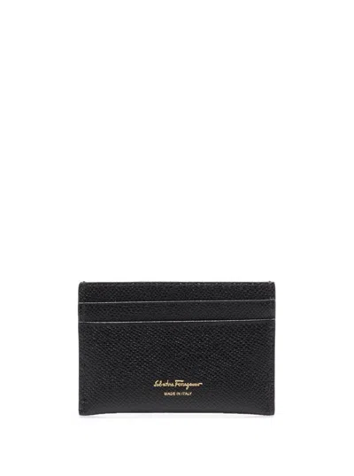 Shop Ferragamo Black Card-holder With Gancini Detail In Hammered Leather Woman