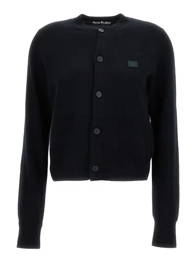 Shop Acne Studios Black Cardigan With Face Patch In Wool Woman