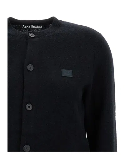 Shop Acne Studios Black Cardigan With Face Patch In Wool Woman