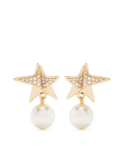 Shop Ferragamo Gold-tone Star Crystal And Faux-pearl Drop Earrings