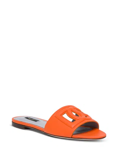 Shop Dolce & Gabbana Slide Sandals In Orange Leather With Logo