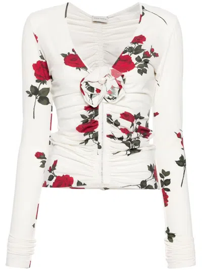 Shop Magda Butrym White Rose-print Ruched Top In Weiss