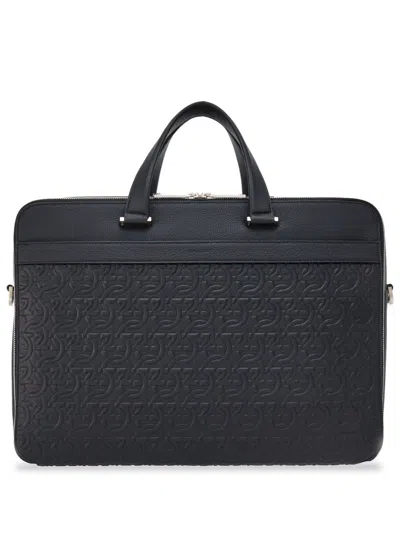 Ferragamo Black Monogram Embossed Leather Briefcase In Black