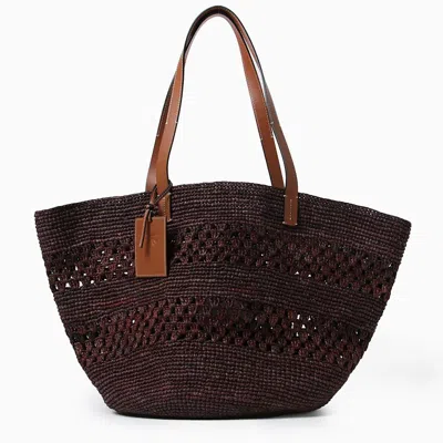 Shop Manebi Chocolate-coloured Basket Bag In Raffia And Leather In Brown