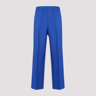 Gucci Brand-embroidered Slip-pocket Straight-leg Regular-fit Wool-blend Trousers In Blue