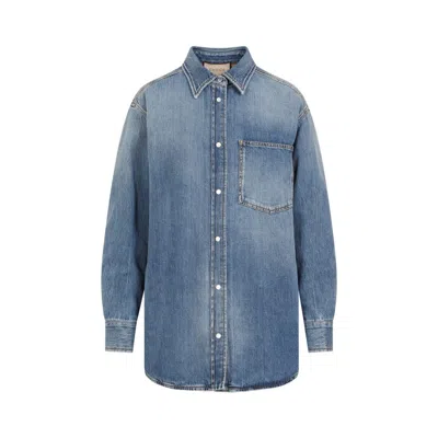 Shop Gucci Quilted Gg Patch Blue Denim Shirt