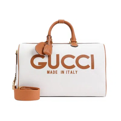 Shop Gucci Duffle Logo Beige Canvas Handbag In White