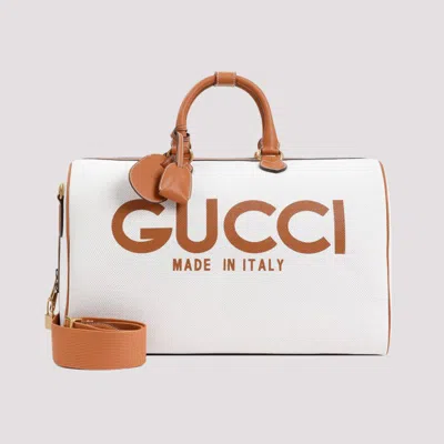 Shop Gucci Duffle Logo Beige Canvas Handbag In White