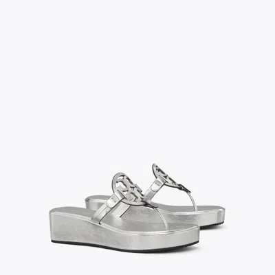 Tory Burch Miller Metallic Logo Wedge Thong Sandals In Silver