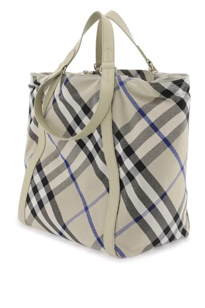 Shop Burberry Ered Checkered Tote In Beige