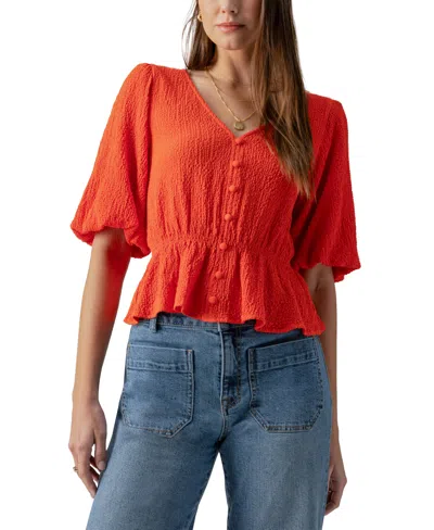 Shop Sanctuary Women's Textured Button-front Peplum Top In Spicy Orange