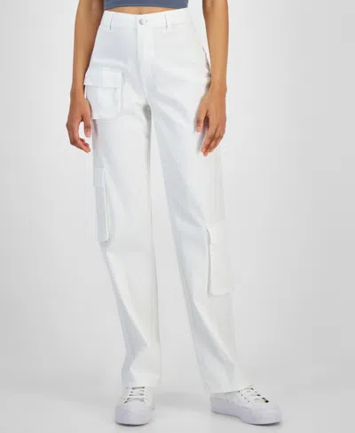 Shop Tinseltown Juniors' High-rise Baggy Straight Cargo Jeans In White