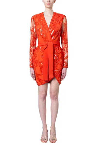 Shop Elie Saab Yarn Embroidered Tied Waist Mini Dress In Orange