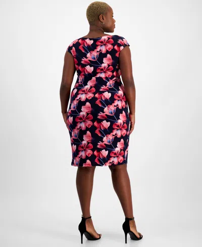 Shop Connected Plus Size Printed Cap-sleeve Sheath Dress In Nvy,fus
