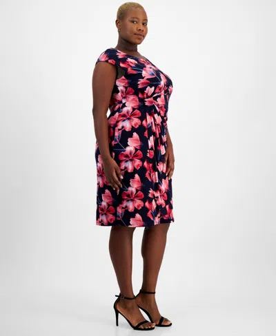 Shop Connected Plus Size Printed Cap-sleeve Sheath Dress In Nvy,fus