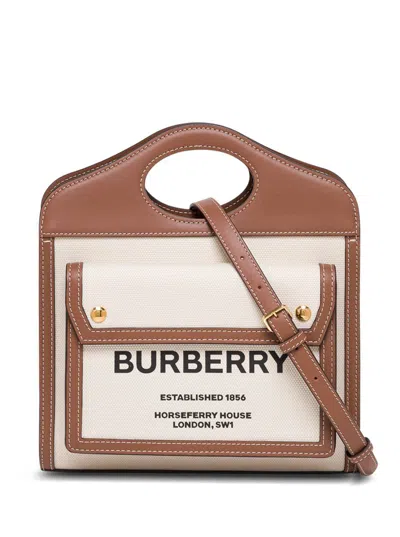 Shop Burberry Fabric And Leather Handbag With Logo In Beige