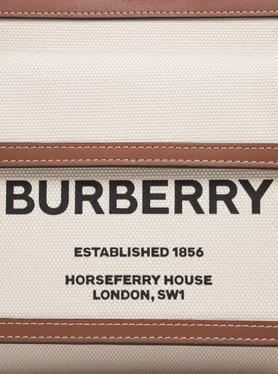 Shop Burberry Fabric And Leather Handbag With Logo In Beige