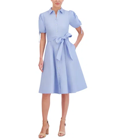 Shop Eliza J Women's Cotton Tie-waist Bubble-sleeve Shirtdress In Light Blue