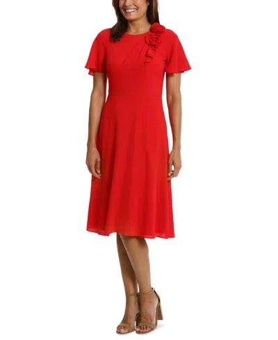 Shop London Times Women's Rosette Flutter-sleeve Midi Dress In Cherry