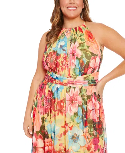 Shop London Times Plus Size Floral Halter Maxi Dress In Yellow Multi