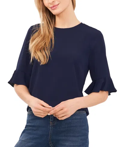 Cece Women's Ruffled-cuff 3/4-sleeve Crew Neck Top In Classic Navy