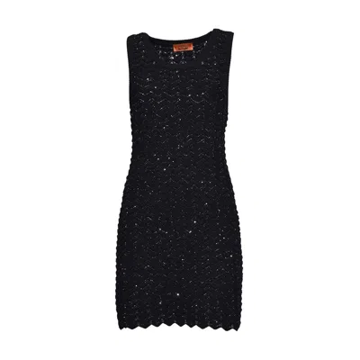 Shop Missoni Embellished Sleeveless Knitted Mini Dress In Black