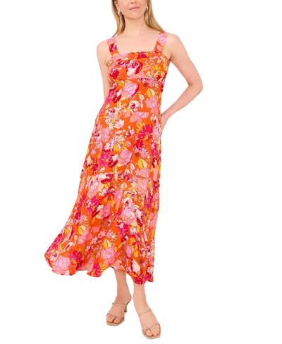 Shop Msk Petite Printed Square-neck Sleeveless Dress In Orange Pink