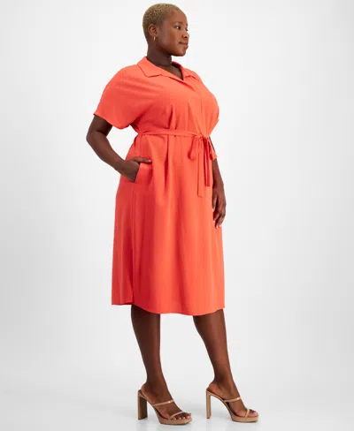 Shop Connected Plus Size Polo Collar Midi Dress In Coral