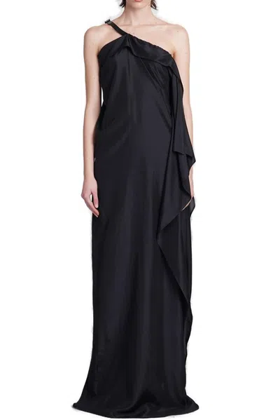 Shop Ann Demeulemeester Asymmetric Neck Maxi Satin Dress In Black