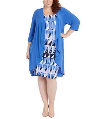 Shop R & M Richards Plus Size Draped Long Cardigan And Printed Sleeveless Dress In Periwinkle