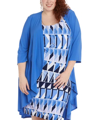 Shop R & M Richards Plus Size Draped Long Cardigan And Printed Sleeveless Dress In Periwinkle