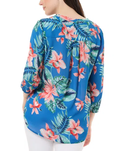 Shop Jones New York Women's Printed Kelly V-neck Blouse In Blue Lagoon