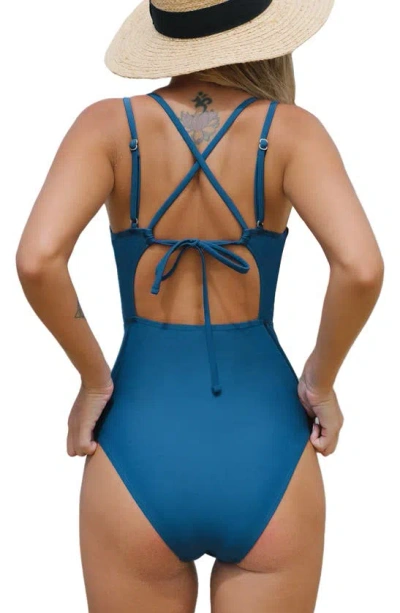Shop Cupshe Crisscross Plunge One-piece Swimsuit In Navy