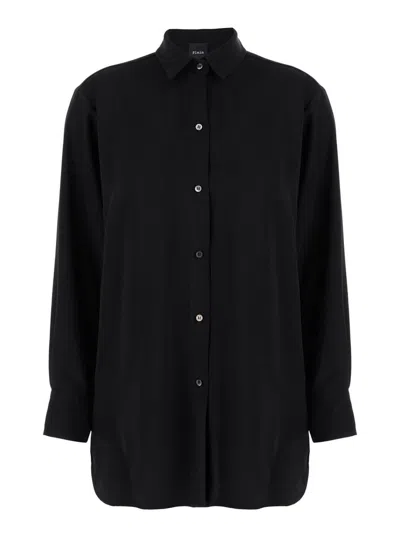 Shop Plain Black Maxi Shirt With Buttons In Techno Fabric Woman