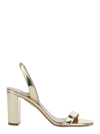Shop Aquazzura Gold-colored Slingback Sandals With Block Heel In Laminated Leather Woman In Grey
